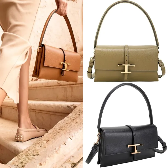 【TOD’S】TODS Timeless T字釦帶 荔紋牛皮肩背/斜背風琴包-多色可選(義大利手工皮革)