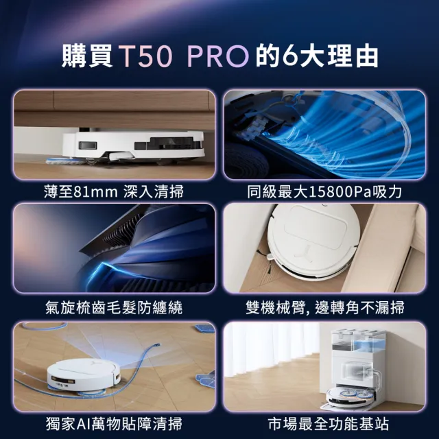 【ECOVACS 科沃斯】MOMO獨家優惠! T50 PRO OMNI超薄全覆蓋全能旗艦掃拖機器人(超薄81MM/高溫洗烘/萬物沿邊)
