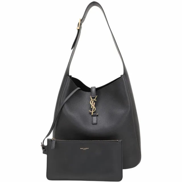【YSL】Saint Laurent Le 5A7 大款 附可拆萬用包 小牛皮肩背包(黑色 Hobo 水桶包)