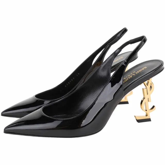 【YSL】Saint Laurent Opyum 金屬字母 牛皮露跟尖頭鞋 高跟鞋(跟8.5CM/黑色)