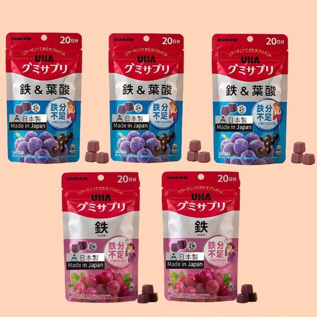 【UHA 味覺糖】鐵 軟糖40日(2包)+鐵及葉酸 軟糖60日(3包)｜日本原裝進口、網路熱搜機能軟糖