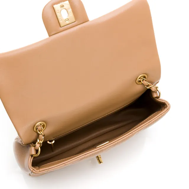 【CHANEL 香奈兒】Mini Flap bag (細紋/暗黃皮革色/金&暗黃皮革雙色愛心鏈帶)