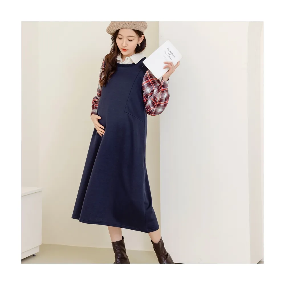 【OB 嚴選】韓系格紋拼接袖拉鍊式哺乳孕婦洋裝 《MA0572》