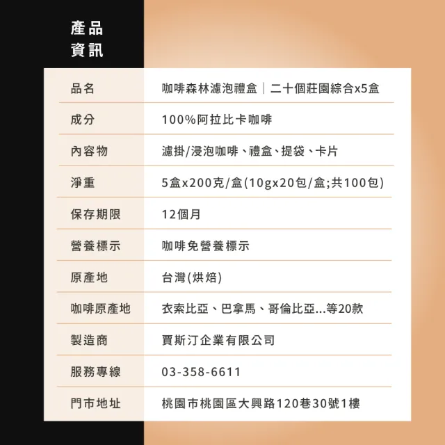 咖啡森林濾泡禮盒-二十個莊園綜合x5盒 (10gx20包/盒.共100包.附提袋及卡片.含巴拿馬藝妓)中秋禮盒;中秋送禮