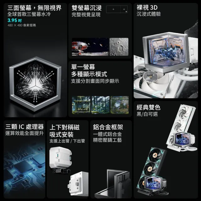 【TCOMAS】鈦鉭 EXIT D3 PRO 360 ARGB CPU一體式水冷散熱器 黑色/白色 (三面裸視3D /TDP350W/冷排高壓風扇)