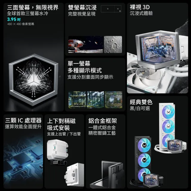 【TCOMAS】鈦鉭 EXIT D3 360 ARGB CPU一體式水冷散熱器 黑色/白色 (三面裸視3D /TDP300W/冷排高壓風扇)