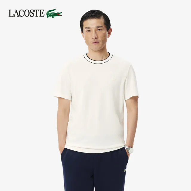 【LACOSTE】男款-修身撞色領圍短袖T恤(米白色)