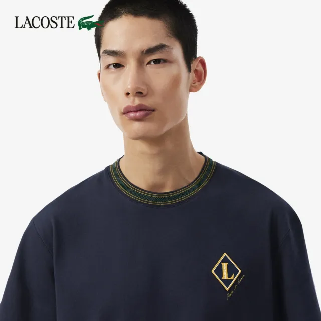 【LACOSTE】男款-法國製徽章條紋短袖T恤(海軍藍)