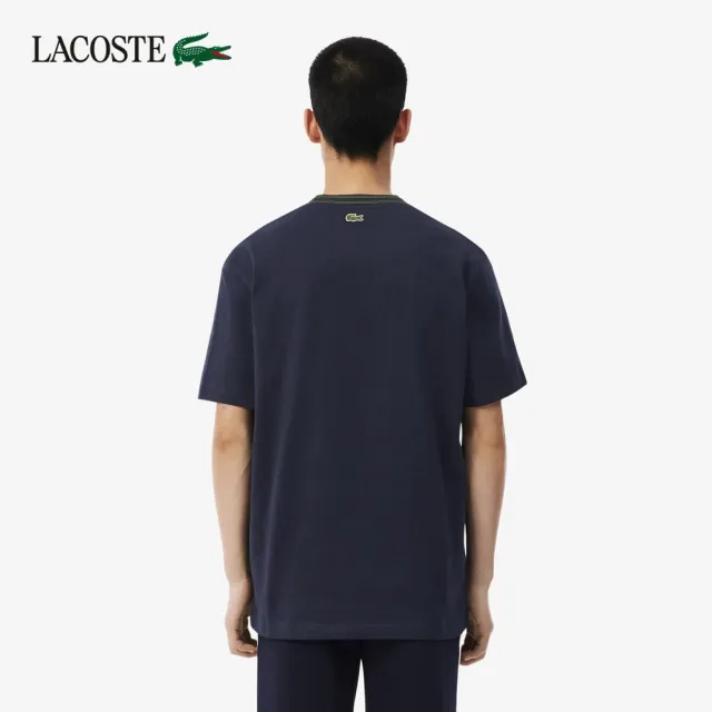 【LACOSTE】男款-法國製徽章條紋短袖T恤(海軍藍)