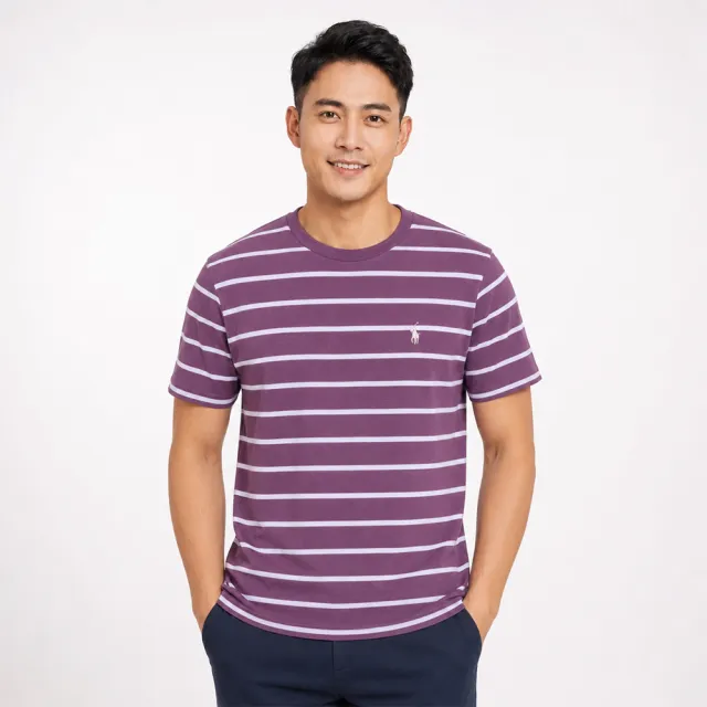 【RALPH LAUREN】RL POLO 經典刺繡小馬素面短袖T恤 上衣-紫白橫條紋色(平輸品/短T)