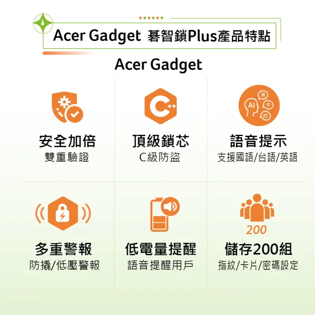 【Acer Gadget】智能鎖 碁智鎖 ODL102(六合一指紋/密碼/虛位密碼/悠遊卡/感應卡/鑰匙)