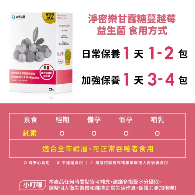 【大研生醫】淨密樂蔓越莓甘露糖粉包24包X1盒(專科醫師推薦.義大利專利女性益生菌)