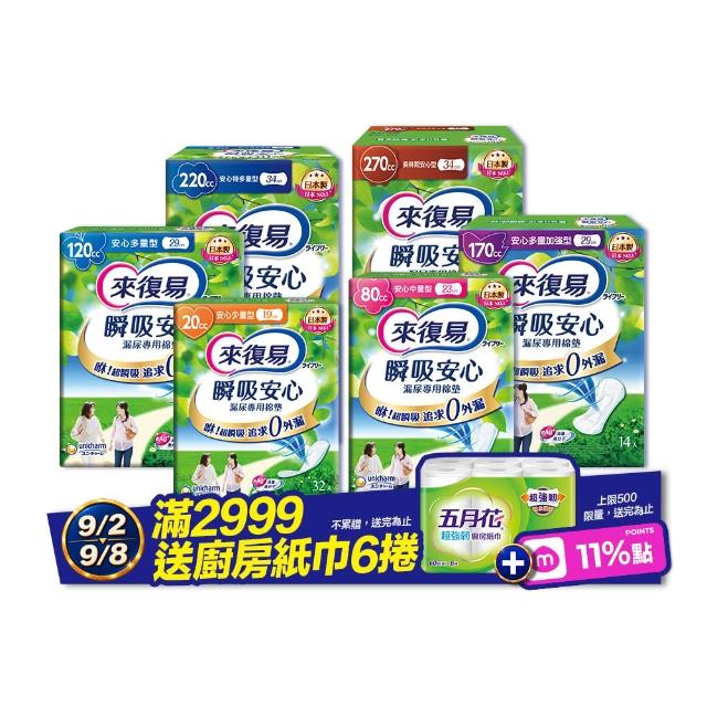 【來復易】瞬吸安心漏尿專用棉墊共8-10包/箱(少量/中量/多量/多量加強型/特多量/長時間型)