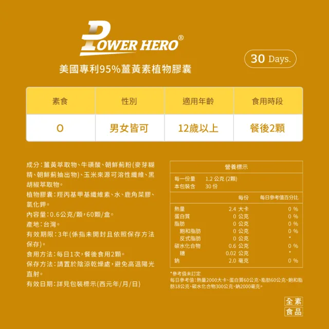 【PowerHero 勁漢英雄】美國專利95%薑黃素x3盒(60顆/盒、法國朝鮮薊萃取物、專利黑胡椒鹼萃取、牛磺酸)