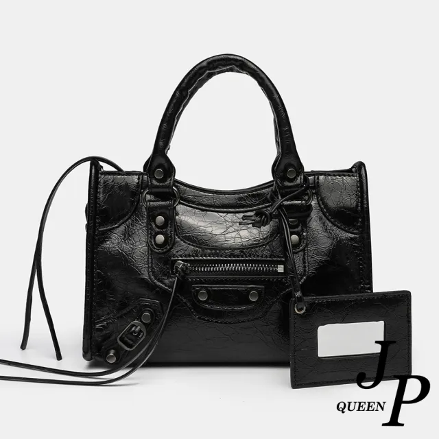 【Jpqueen】辣妹鉚釘機車復古流蘇帶證件套大容量包 手提包 側背包(黑色尺寸可選)