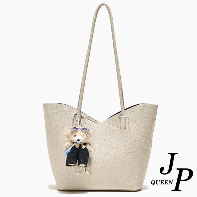 【Jpqueen】花苞流線小熊簡約真皮購物大容量包 手提包 單肩包(4色可選)