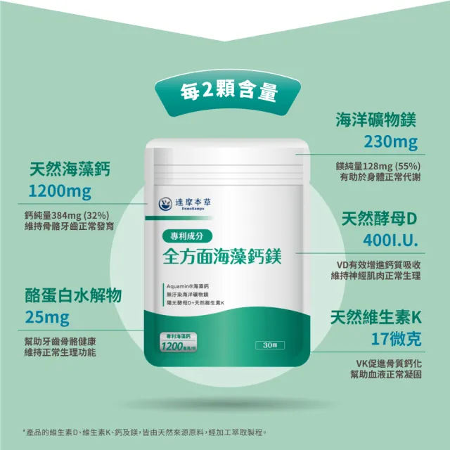 【達摩本草】買一送一 全方面海藻鈣鎂複方 1入30顆/包(添加維生素D幫助鈣吸收、無污染來源海藻鈣)