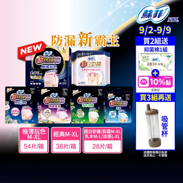 【Sofy 蘇菲】超熟睡褲型衛生棉箱購M/L/XL(抑菌、乳木、涼感x28片/一般38片/極薄玩色54片)