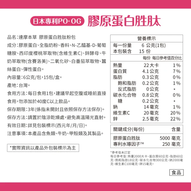 【達摩本草】膠原蛋白胜粉包2入組 15包/盒(日本PO·OG膠原、業界首創專利水導因子)