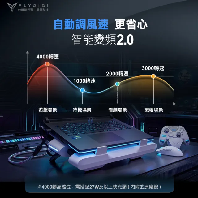 【Flydigi 飛智】BS3 PRO 壓風式筆記型電腦散熱底座(4000RPM 筆電散熱神器 智能變頻控溫 靜音降噪散熱器)