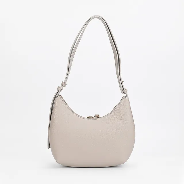 【FURLA 芙拉】FURLA 燙金LOGO GOCCIA系列小牛皮拉鍊肩背包(S號/麻灰)