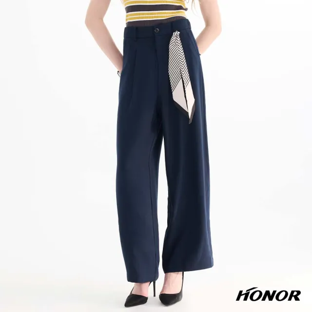 【HONOR 山形屋】條紋綁帶飾單釦高腰寬褲-白/藍