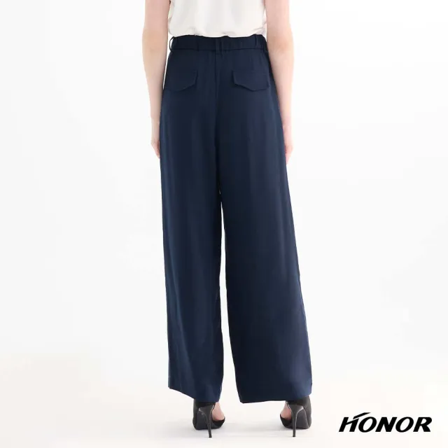 【HONOR 山形屋】條紋綁帶飾單釦高腰寬褲-白/藍
