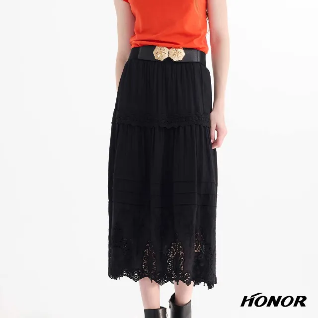 【HONOR 山形屋】優雅鏤空蕾絲層次鬆緊中長裙-黑
