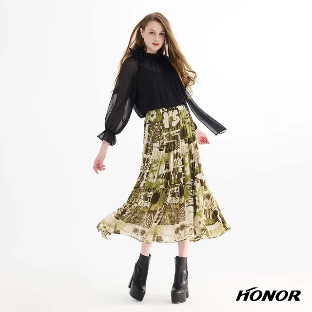 【HONOR 山形屋】水彩風印花飄逸層次長裙-藍/綠