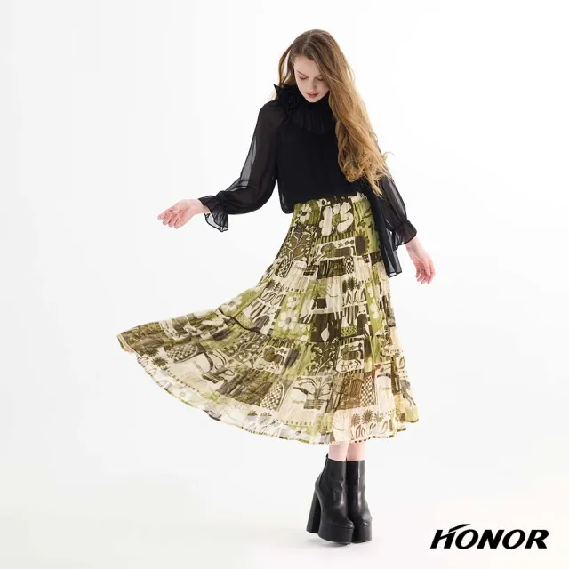 【HONOR 山形屋】水彩風印花飄逸層次長裙-藍/綠