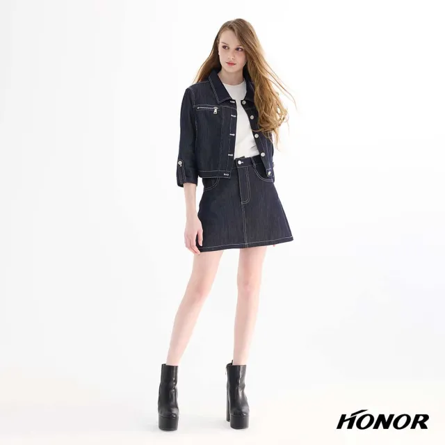 【HONOR 山形屋】翻領撞色車線排釦牛仔外套-藍