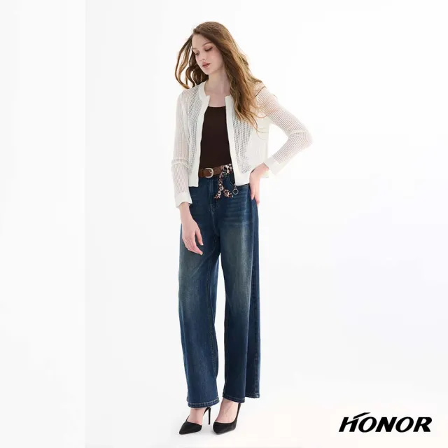 【HONOR 山形屋】圓領輕透鏤空針織拉鍊外套-白/黑