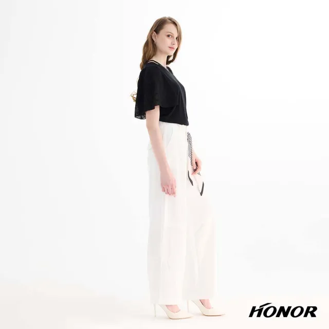 【HONOR 山形屋】亮鑽滾邊V領鏤空寬袖針織上衣-黑/杏