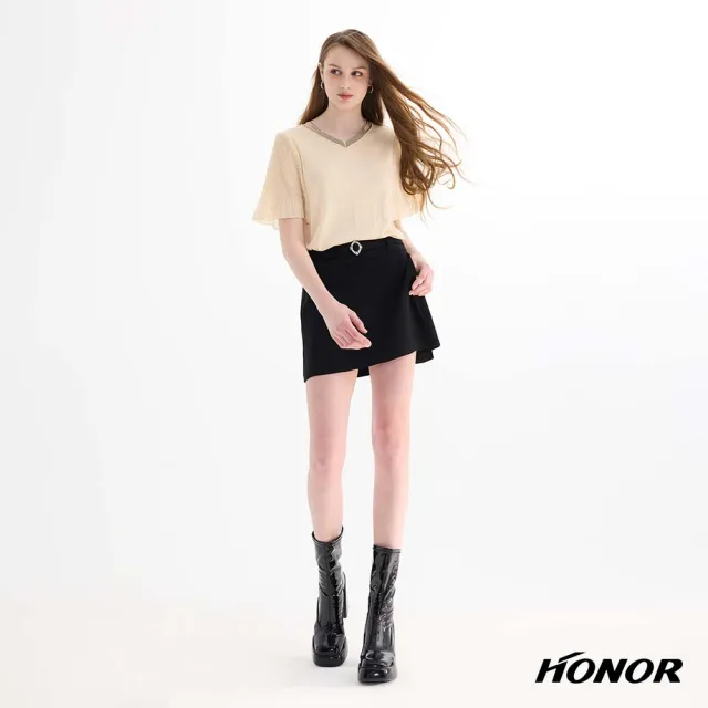 【HONOR 山形屋】亮鑽滾邊V領鏤空寬袖針織上衣-黑/杏