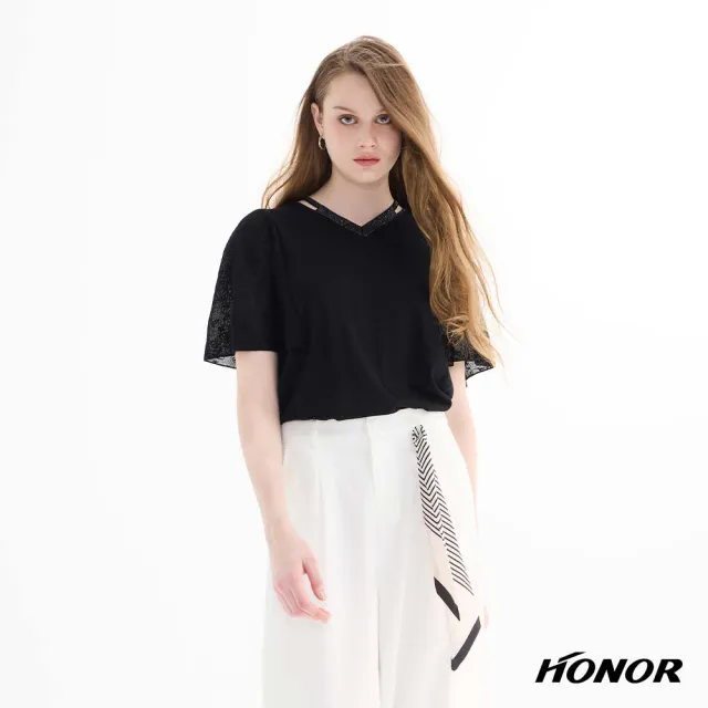 【HONOR 山形屋】亮鑽滾邊V領鏤空寬袖針織上衣-黑/杏