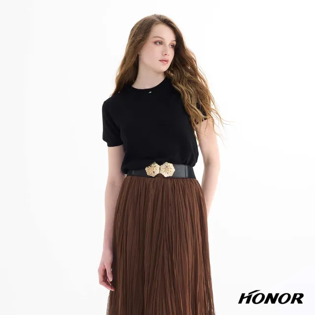 【HONOR 山形屋】經典百搭圓領飾針織上衣-黑/棕