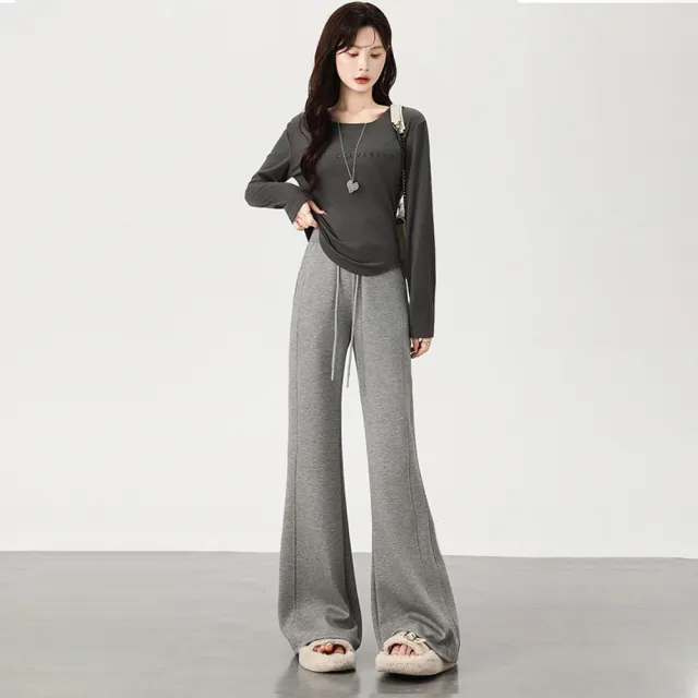 【LANNI 藍尼】★高腰垂墜抽繩闊腿褲(女裝/長褲/寬褲/休閒/優雅/日系/通勤)
