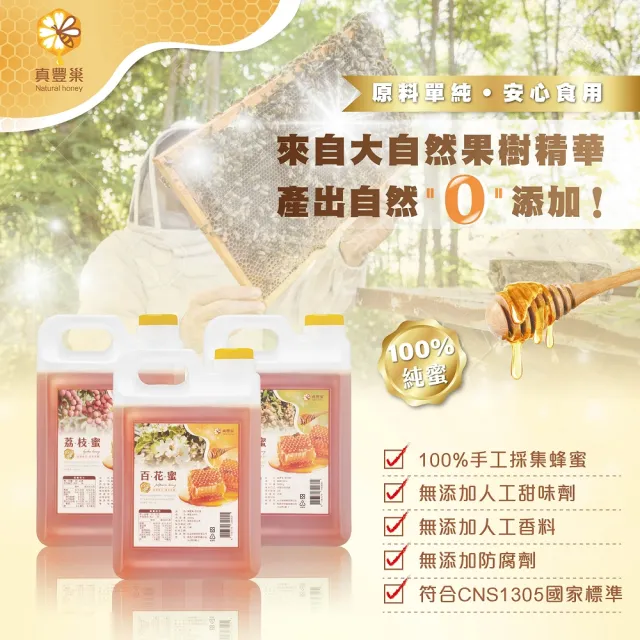 【真豐巢】100%台灣純蜂蜜3000g/桶 任選(龍眼/荔枝/百花)(中秋送禮推薦)