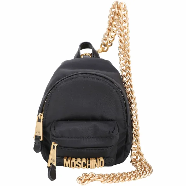 【MOSCHINO】字母標誌多用法可拆鍊帶迷你斜背包(黑色 鍊條包 肩背 尼龍)