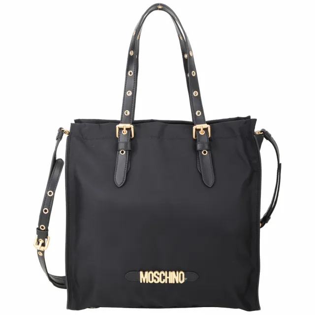 【MOSCHINO】金字尼龍手提 斜背托特包(黑色 兩用包 肩背 側背)