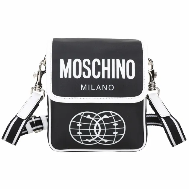 【MOSCHINO】Smiley 笑臉聯名 字母印花翻蓋尼龍斜背包(黑色 肩背 側背)