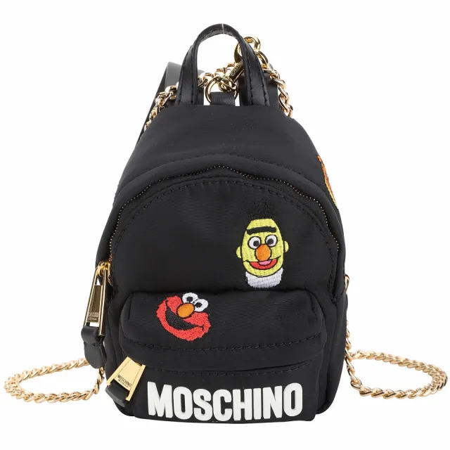 【MOSCHINO】x SesameStreet 芝麻街聯名 刺繡迷你背包造型鍊帶斜背 腰包(黑色 肩背 鍊條包)
