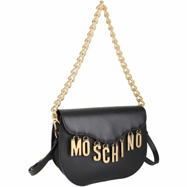 【MOSCHINO】字母綴飾牛皮鍊帶肩背 斜背馬鞍包(黑色 兩用包 側背 鍊帶包)
