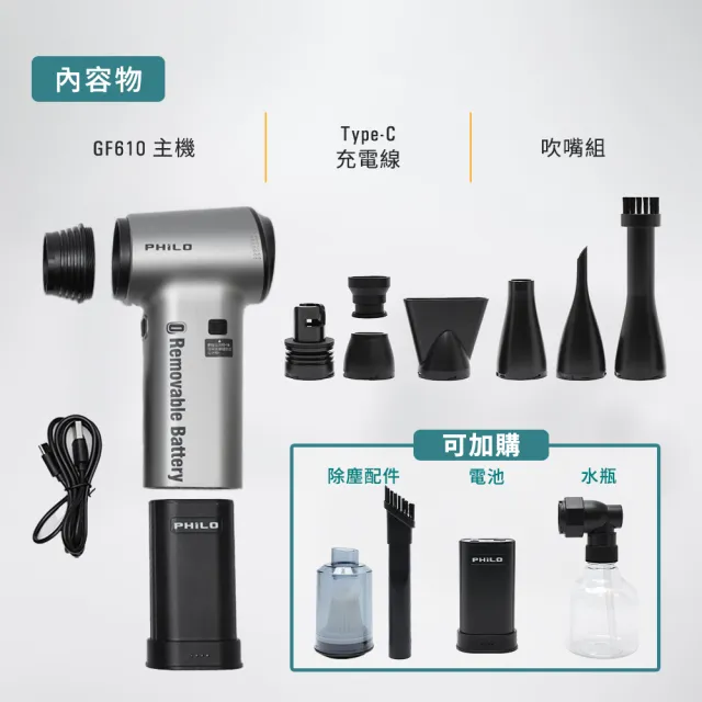 【Philo 飛樂】加碼贈一顆專屬電池 GF610可抽換電池式渦輪無刷暴力風槍/除塵槍 (吹塵機/吹葉機)
