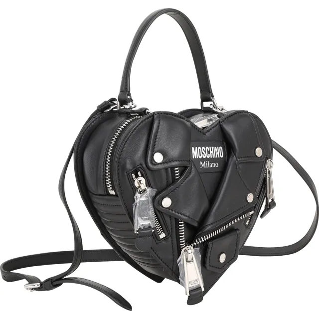 【MOSCHINO】Biker 愛心夾克造型小羊皮拉鍊手提 斜背包(黑x銀 兩用包 肩背 真皮)