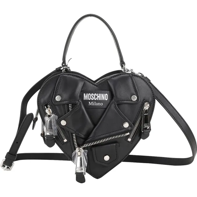 【MOSCHINO】Biker 愛心夾克造型小羊皮拉鍊手提 斜背包(黑x銀 兩用包 肩背 真皮)
