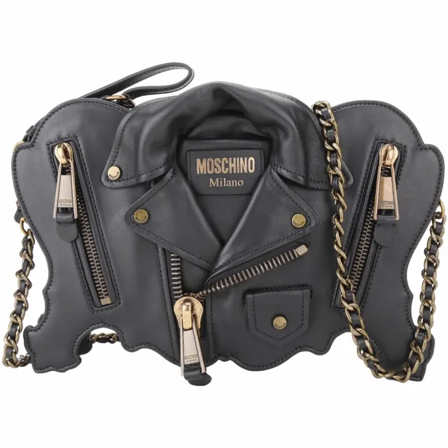 【MOSCHINO】Biker 仿舊金屬夾克造型可拆鍊帶羊皮手拿 肩背包(黑色 兩用包 鍊條包 真皮)