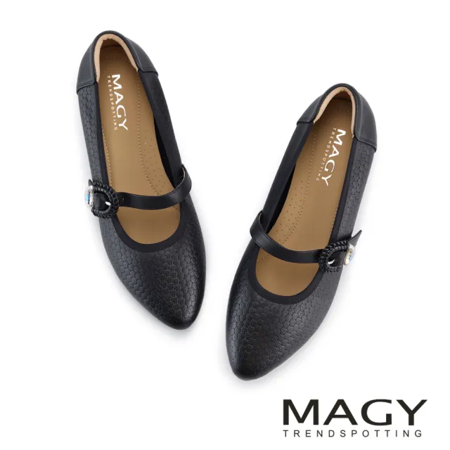 【MAGY】經典牛皮壓紋瑪莉珍平底鞋 黑色