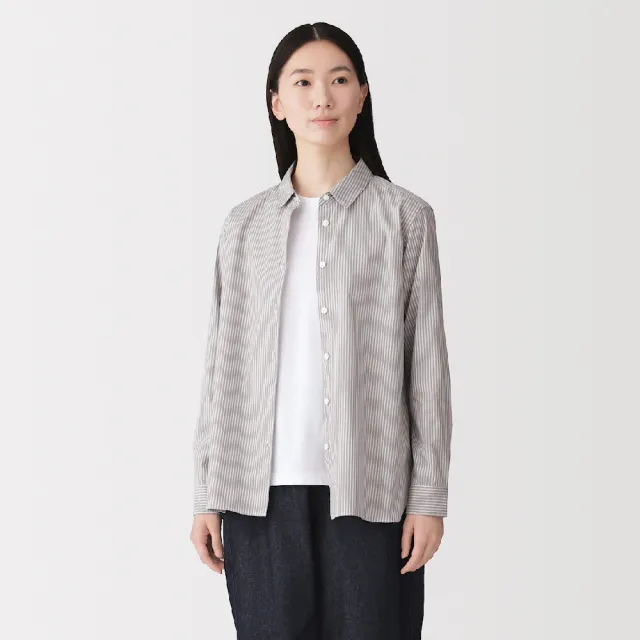 【MUJI 無印良品】女水洗平織布標準領長袖襯衫(白色/暗藍直紋/淺灰直紋/灰直紋/暗紅直紋/煙燻綠直紋)