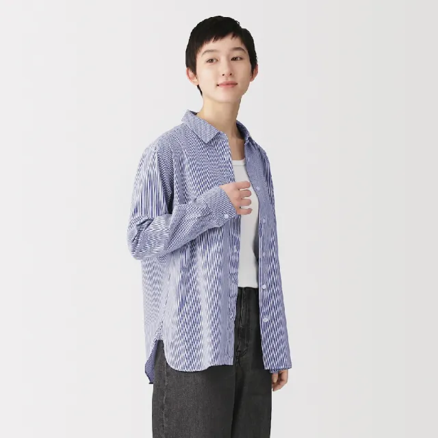 【MUJI 無印良品】女水洗平織布標準領長袖襯衫(白色/暗藍直紋/淺灰直紋/灰直紋/暗紅直紋/煙燻綠直紋)